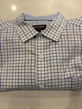 Johnston & Murphy XL White Dress Shirt with Blue and Orange Windowpane Plaid